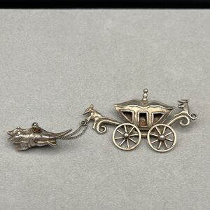Taxco Sterling silver mouse driven cinderella’s carriage double pin brooch